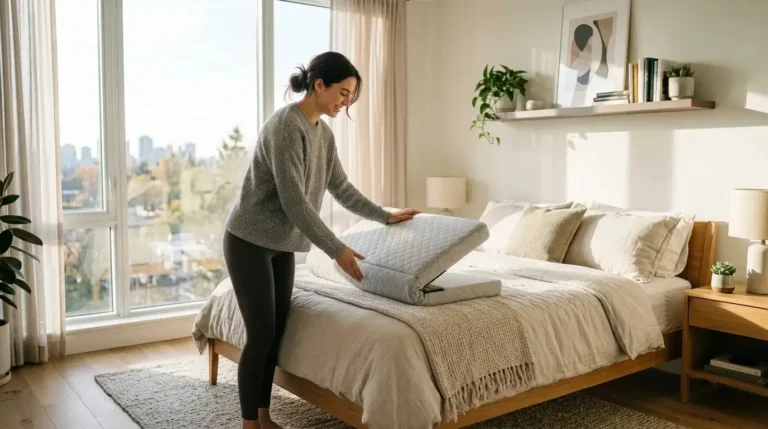 Woman placing gray folding wedge pillow on bed in bright modern bedroom, adjustable portable wedge pillow that folds flat for storage and travel
