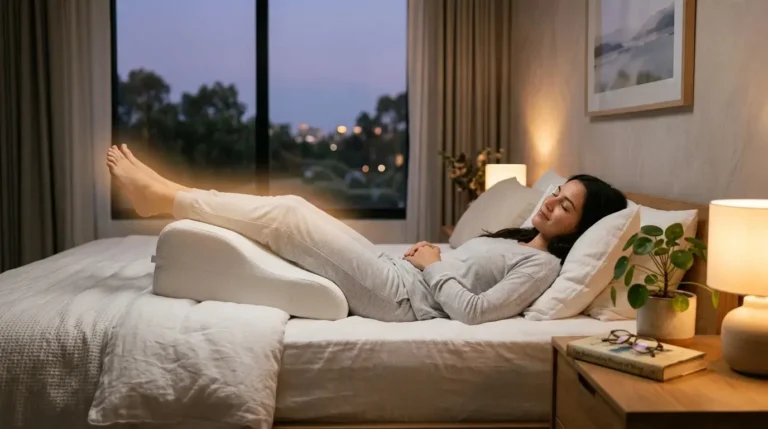 Woman resting on leg elevation pillow in bedroom at dusk, legs raised above heart level on white wedge pillow for improved circulation and reduced swelling