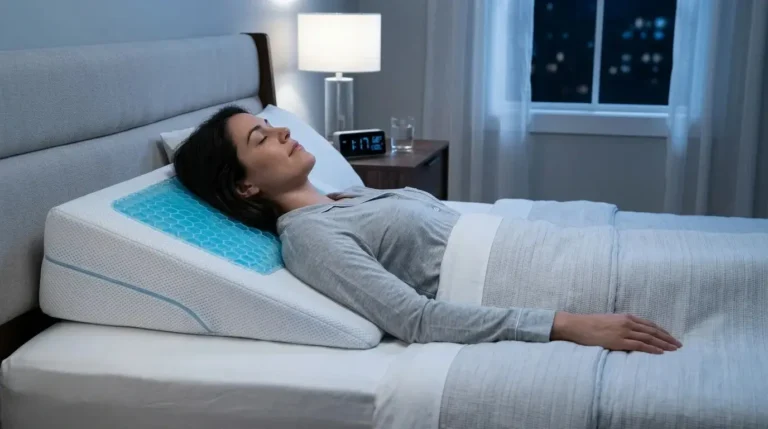 Woman sleeping peacefully on cooling gel wedge pillow at night, blue gel layer visible on white wedge pillow for hot sleepers needing elevated sleep position