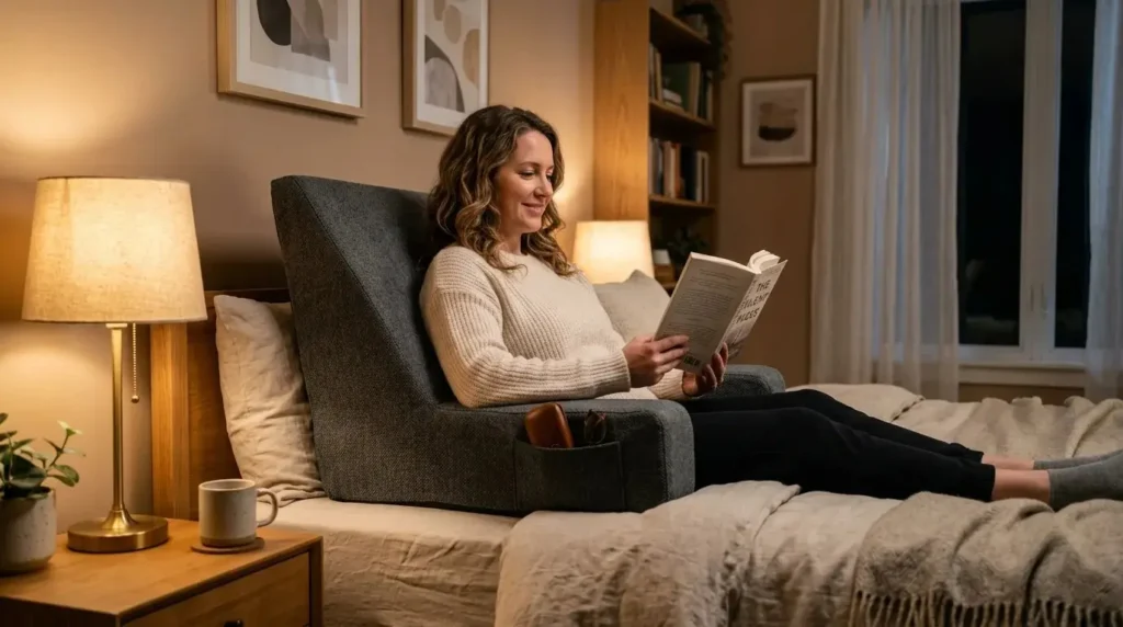 Woman comfortably reading book in bed using gray reading wedge pillow with armrests and side pocket, sitting upright with proper back support in cozy bedroom