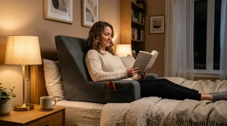Woman comfortably reading book in bed using gray reading wedge pillow with armrests and side pocket, sitting upright with proper back support in cozy bedroom